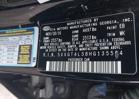 2017 Kia Optima Lx из США, поврежденный, VIN 5XXGT4L38HG135594